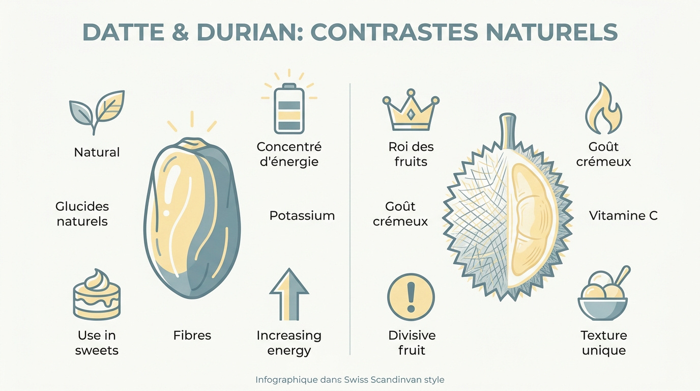 Comparaison visuelle entre des dattes séchées et un fruit durian entier