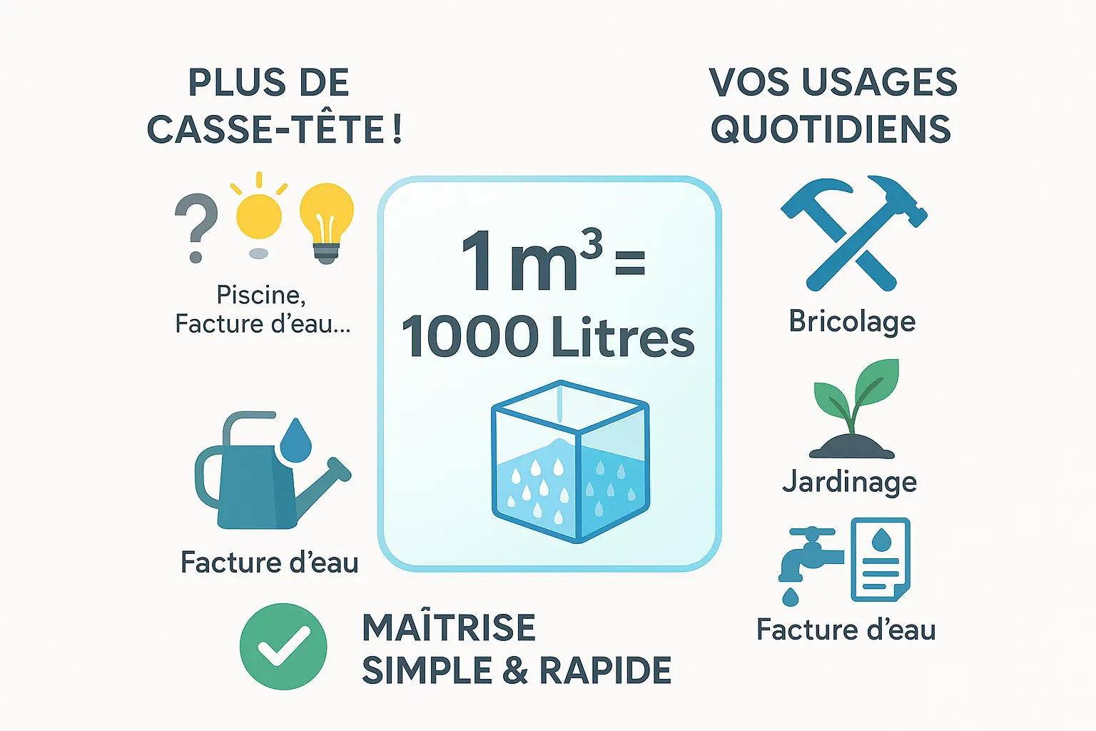 Illustration de conversion entre litres et mètres cubes