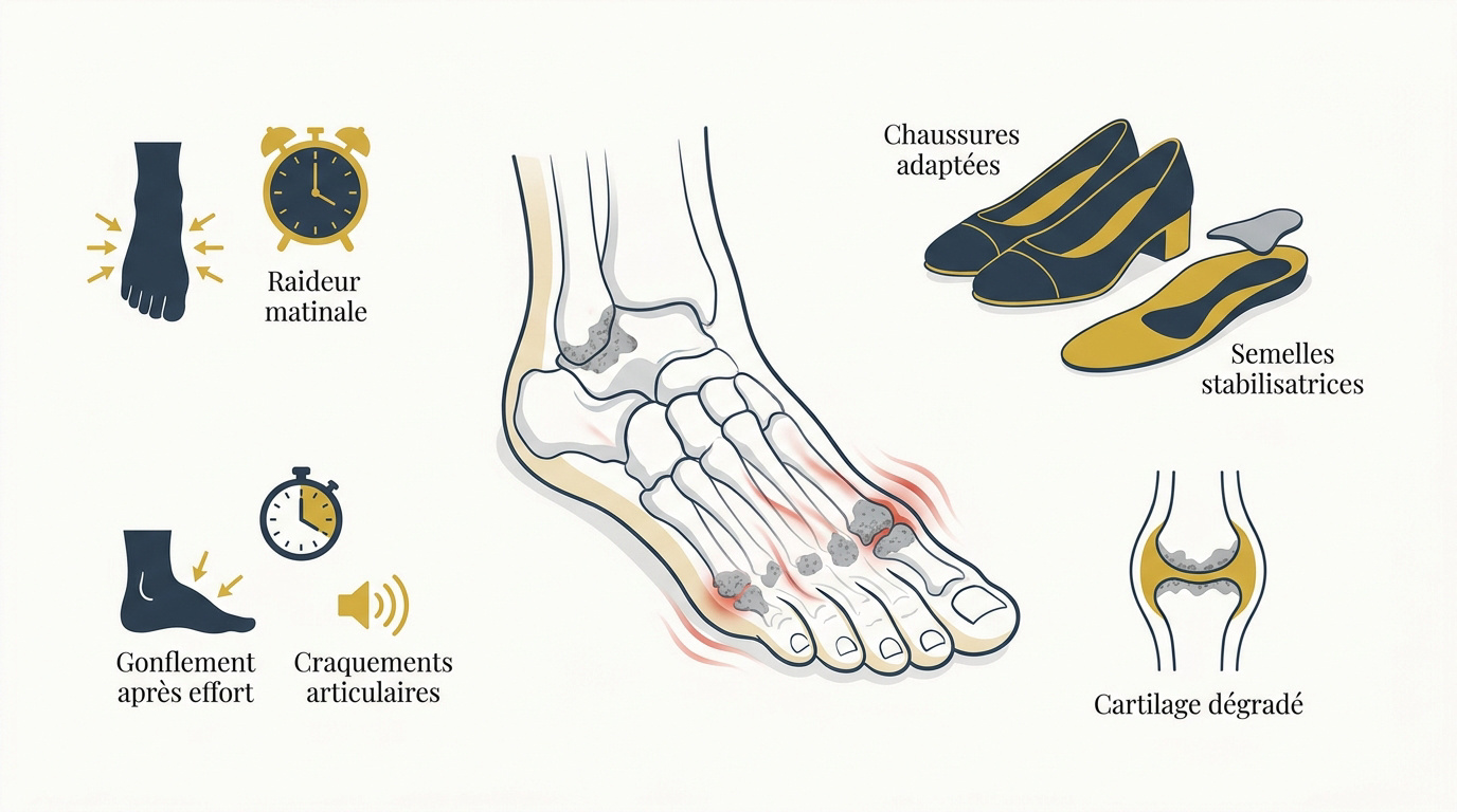 Arthrose du pied : symptômes et solutions pour marcher sans douleur Illustration des zones douloureuses liées à l'arthrose du pied et solutions de confort