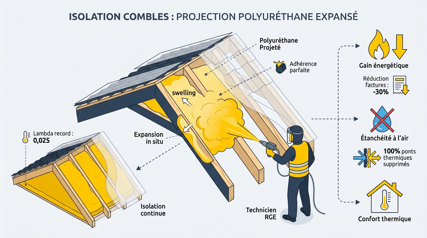 Application de mousse polyuréthane projetée sous toiture pour isolation des combles