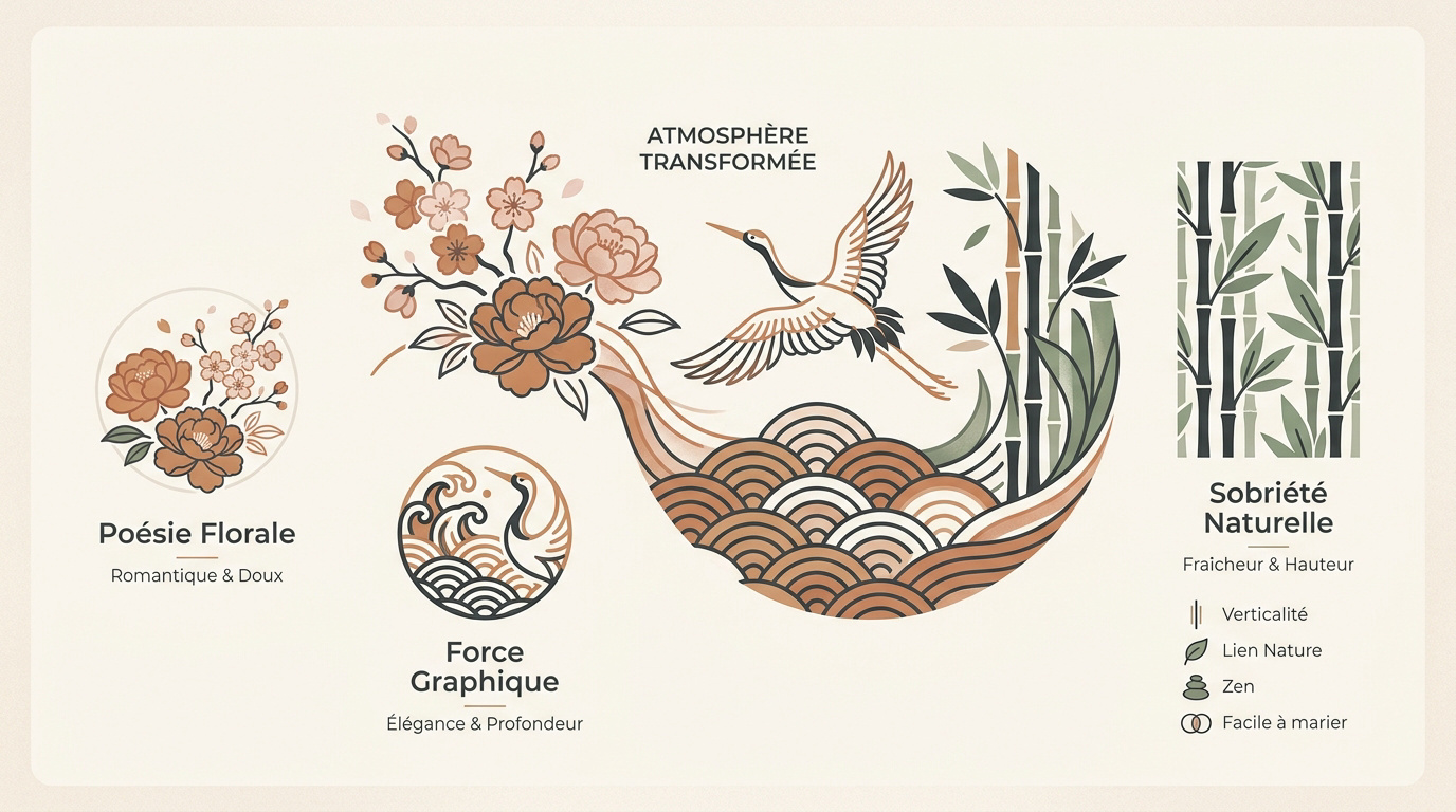 Infographie présentant les motifs de papier peint japonais fleurs de cerisier, vagues Seigaiha et bambou