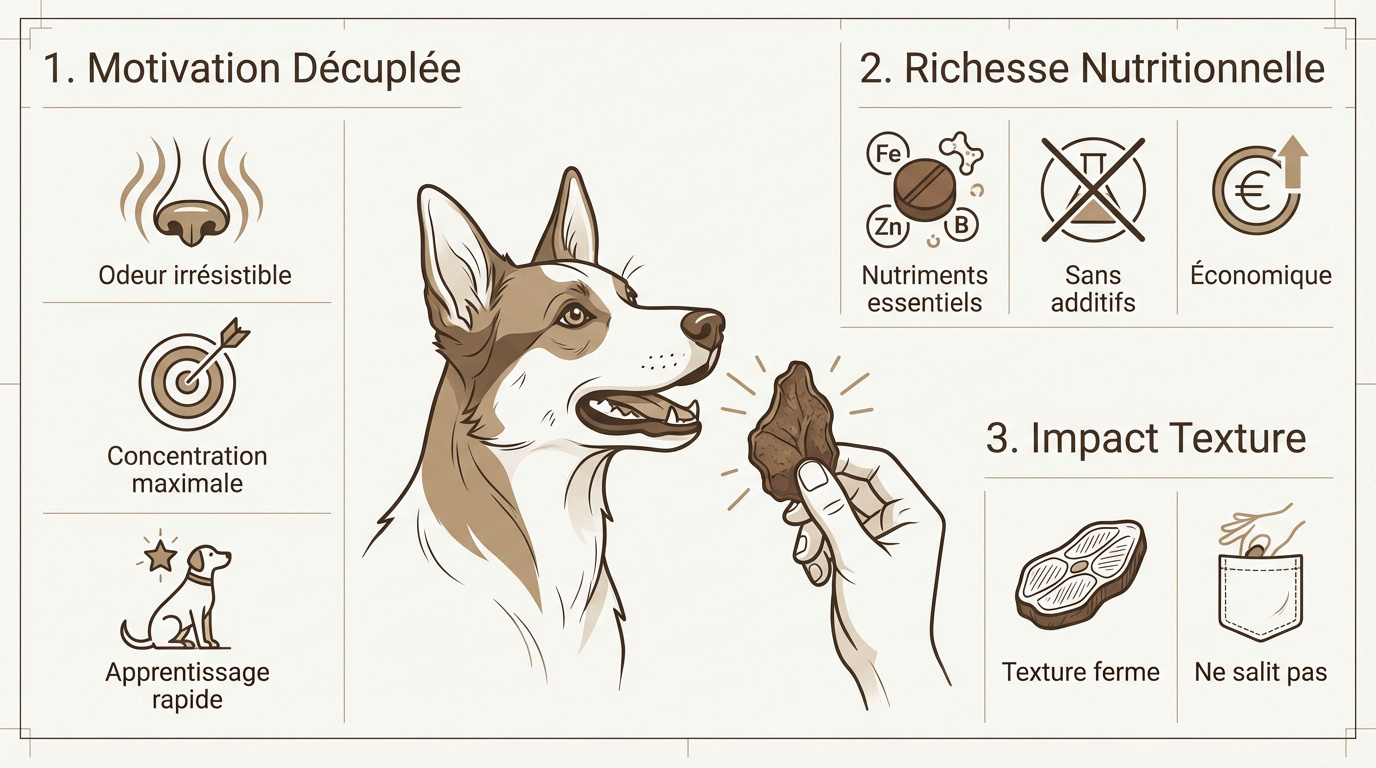 Chien motivé par une friandise de foie séché lors d'une séance de dressage