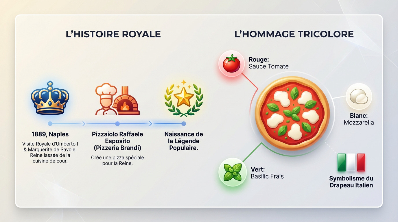 Infographie expliquant l'origine historique et le symbolisme des couleurs de la pizza Margherita