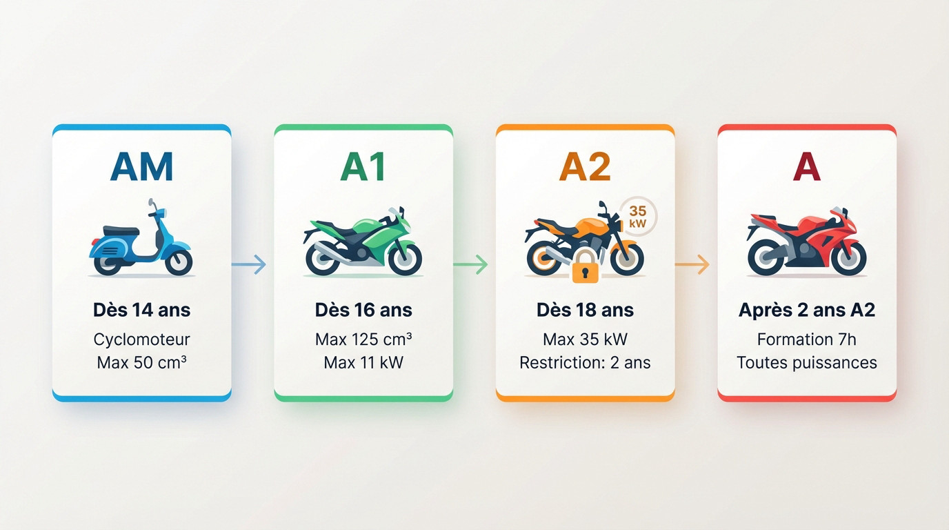 Infographie sur la progression des catégories de permis moto