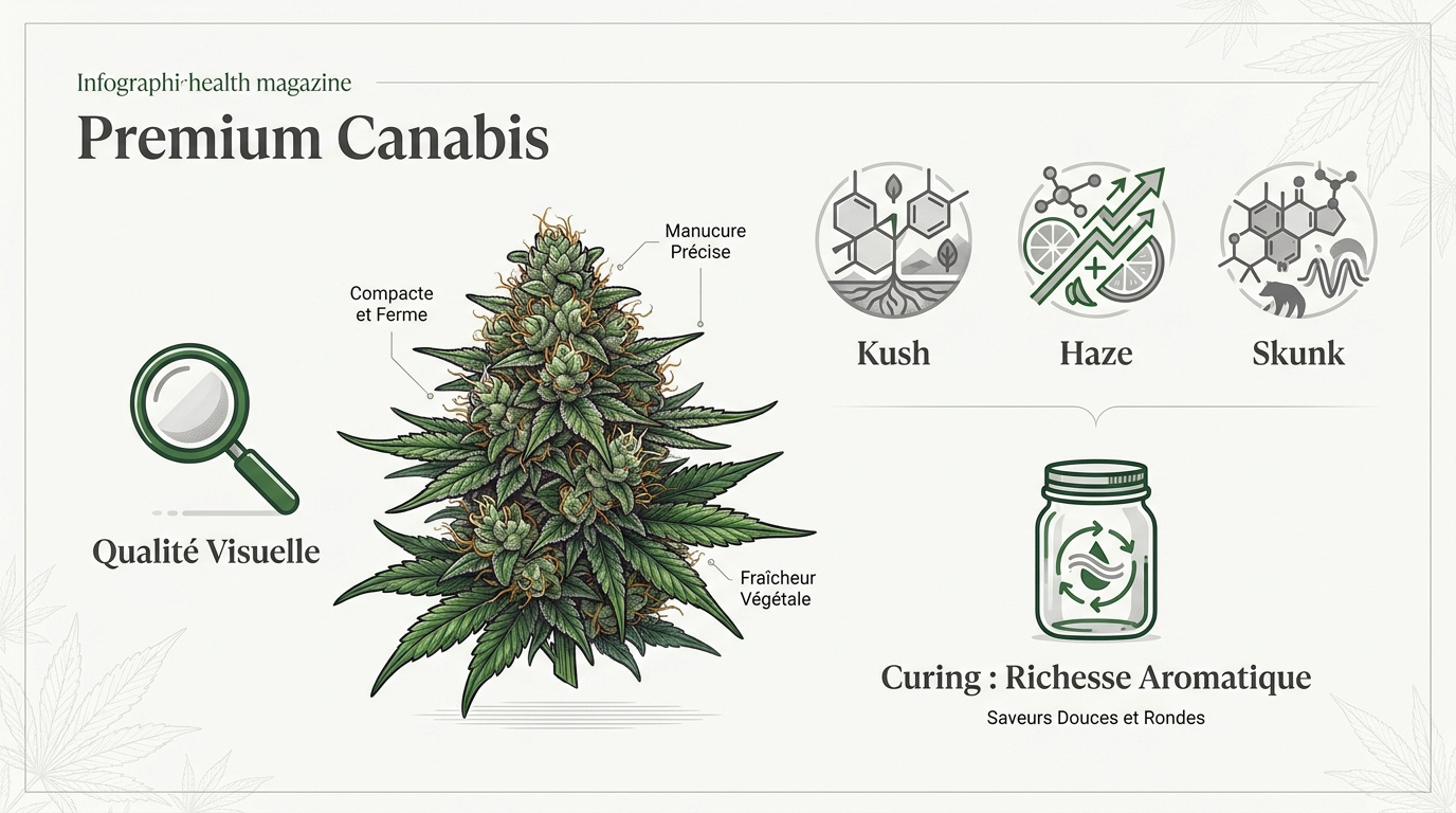 Infographie détaillant les critères de qualité et les profils aromatiques des fleurs de cannabis premium