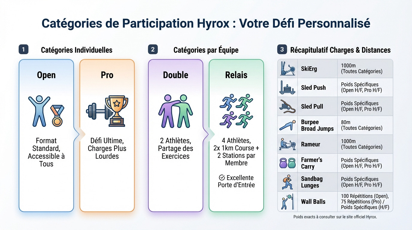 Athlètes en pleine action illustrant les différentes catégories de participation Hyrox, du format Open au Pro