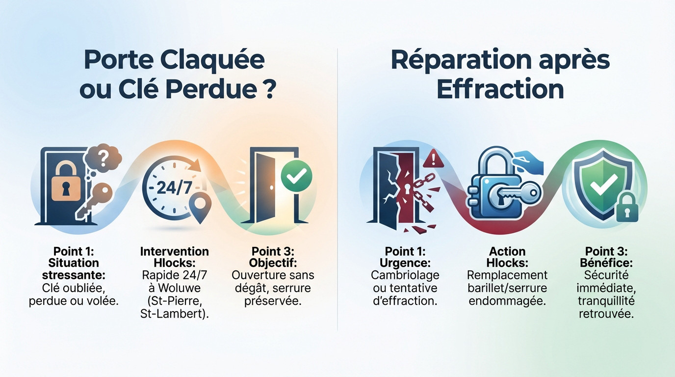 Intervention d'urgence serrurier à Woluwe pour ouverture de porte claquée et réparation après effraction