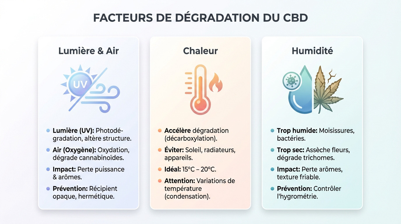Schéma des facteurs de dégradation du CBD : lumière, air, chaleur et humidité