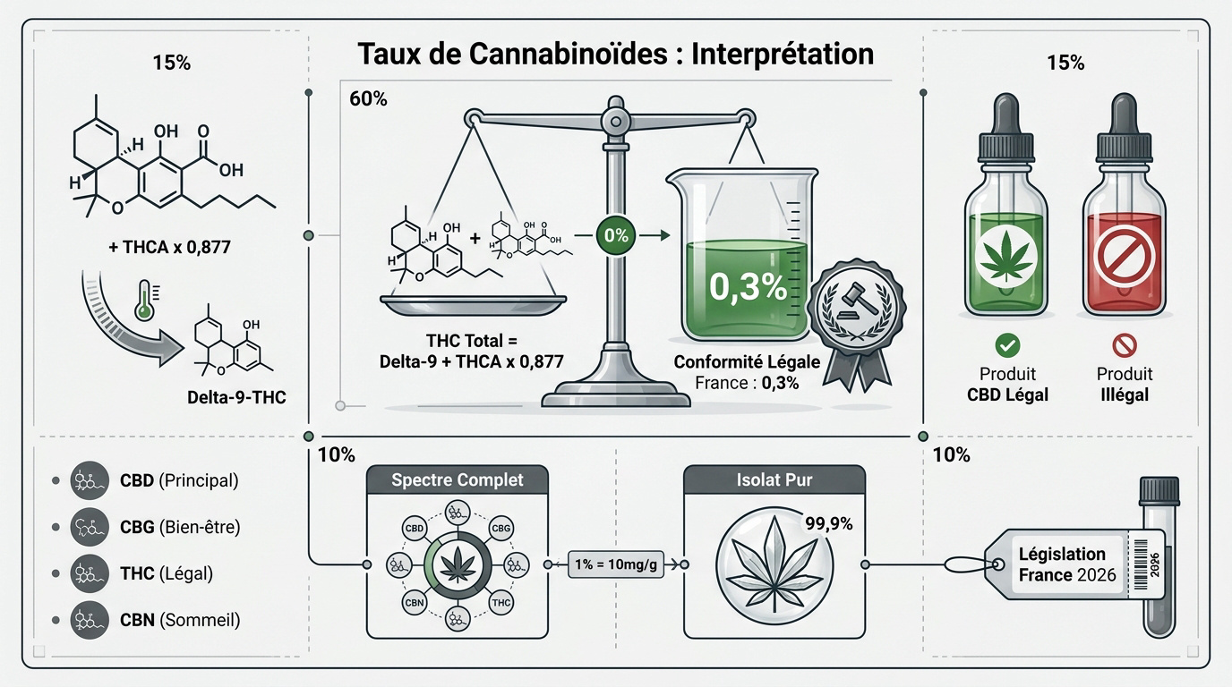 Graphique explicatif des taux de <strong>CBD</strong> et <strong>THC</strong> sur un certificat d'analyse