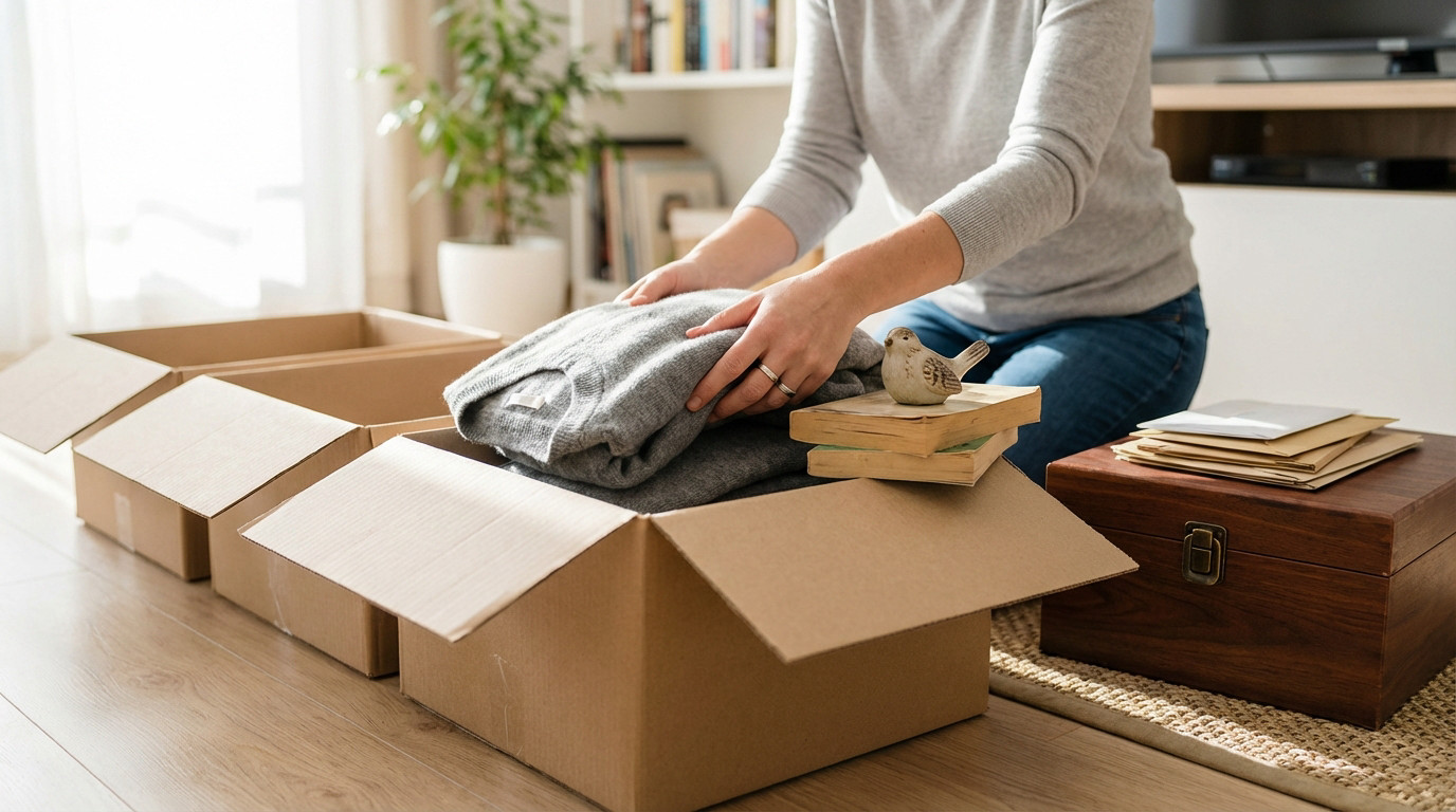 Femme organisant calmement des objets dans des boîtes de rangement étiquetées