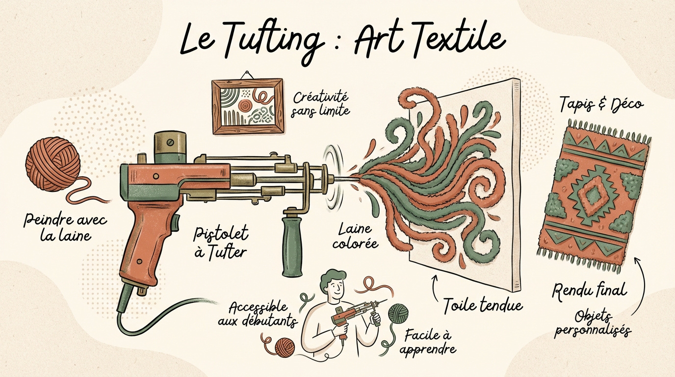 Atelier de tufting avec pistolet et laine colorée sur toile tendue