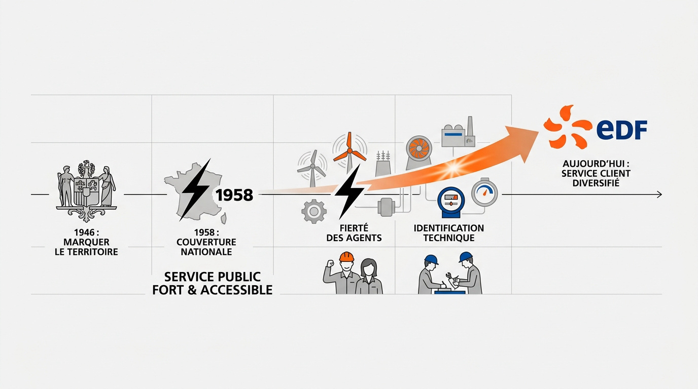 Évolution historique du logo EDF montrant l'éclair noir et le soleil orange actuel