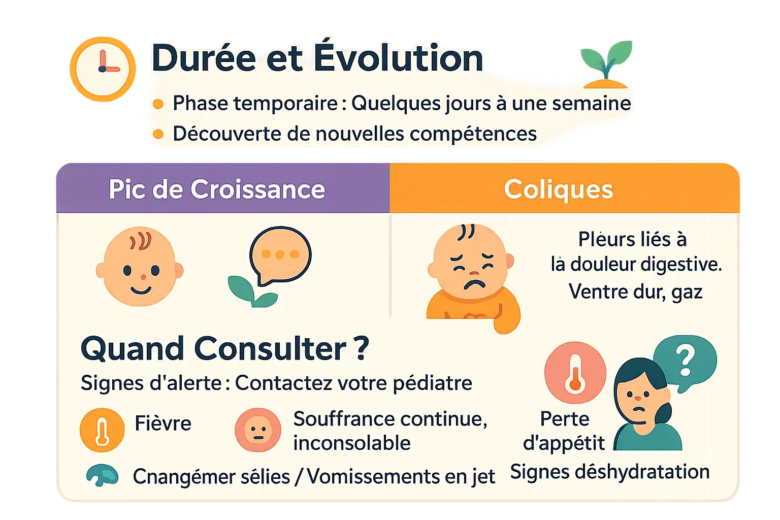 Infographie sur les pics de croissance, coliques et moments de consultation médicale chez le nourrisson