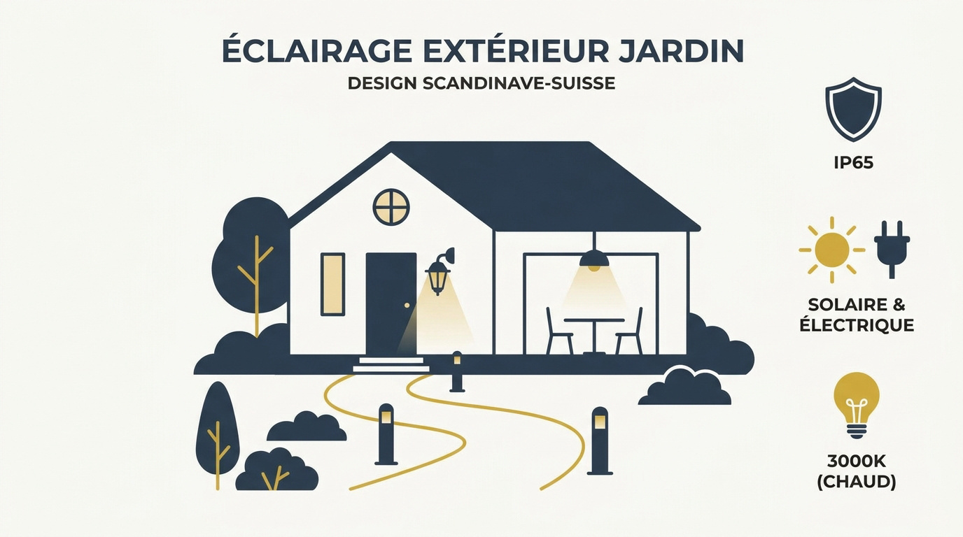 Éclairage de jardin au design scandinave épuré mettant en valeur une terrasse moderne