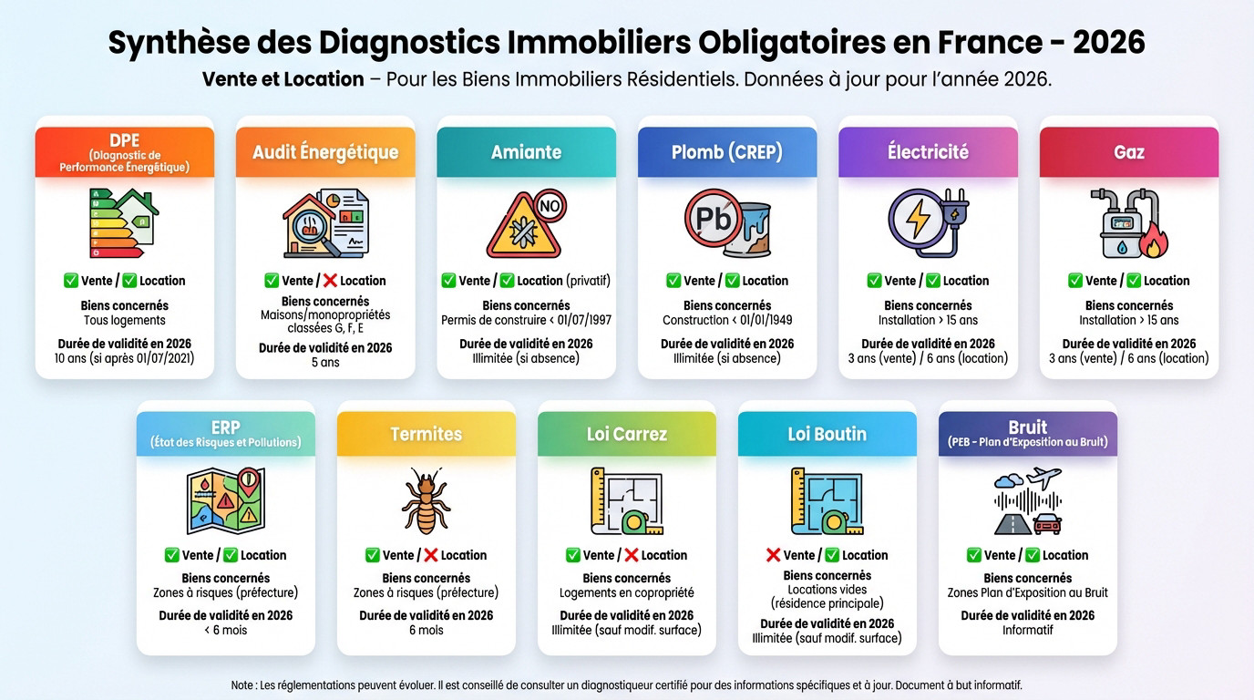 Tableau de synthèse des diagnostics immobiliers obligatoires en France pour 2026