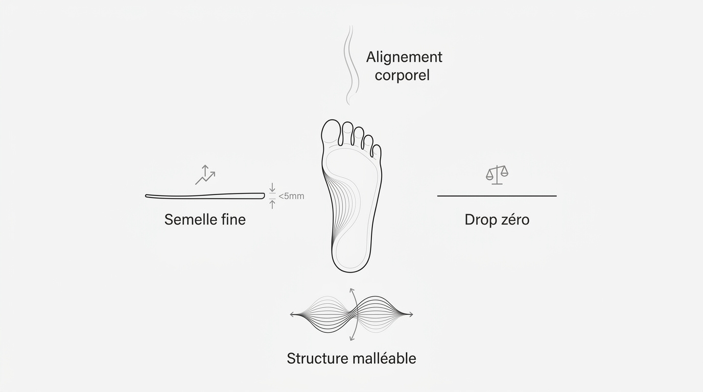 Schéma technique des caractéristiques d'une chaussure barefoot incluant le drop zéro et la flexibilité