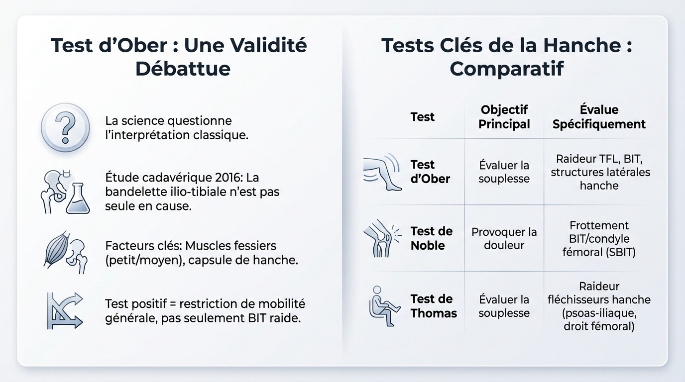 Tableau comparatif des tests cliniques de la hanche incluant le test d'Ober, Noble et Thomas
