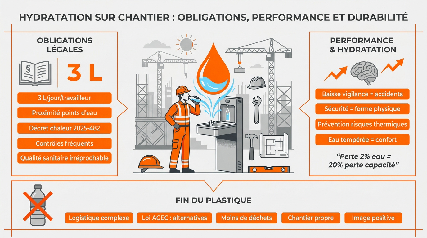 Ouvrier du BTP s'hydratant avec une fontaine &agrave; eau sur un chantier s&eacute;curis&eacute;
