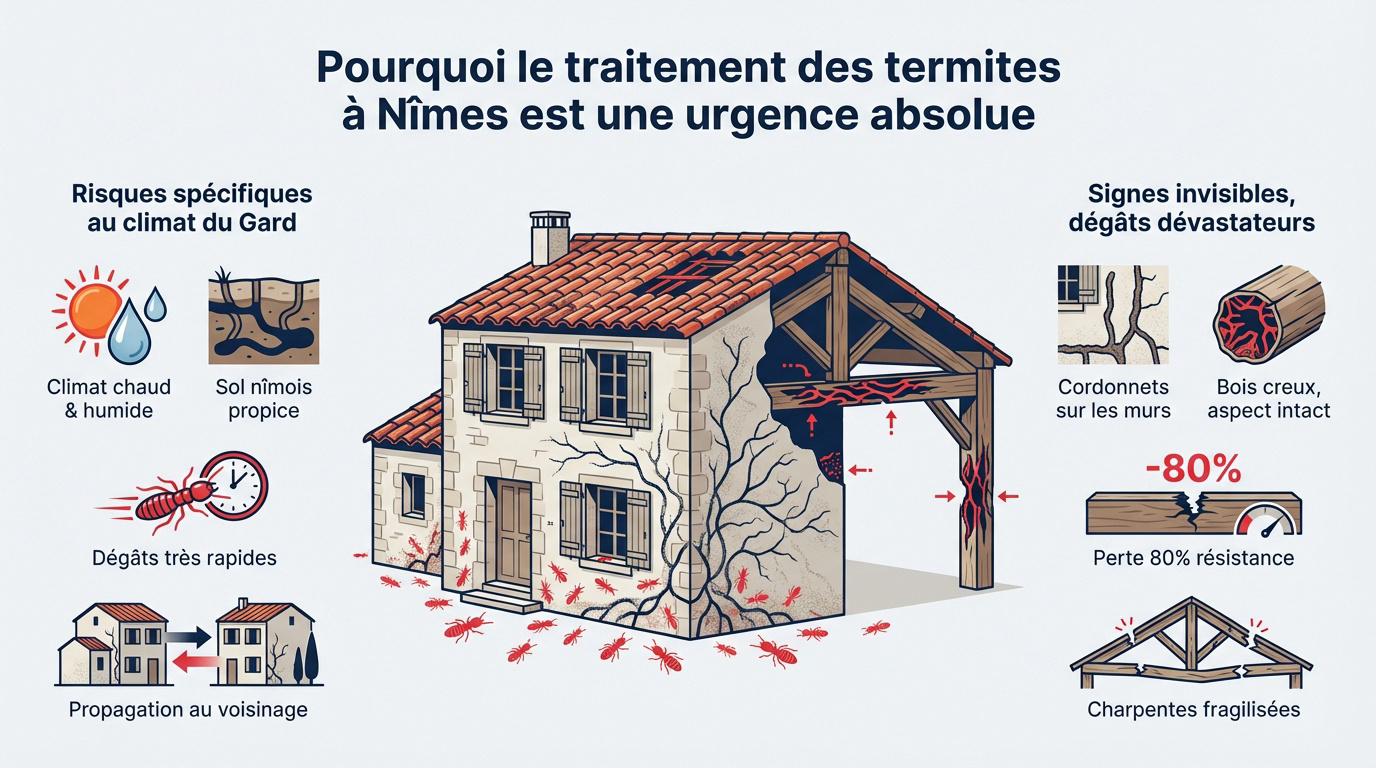 Urgence du traitement termites à Nîmes pour protéger les charpentes