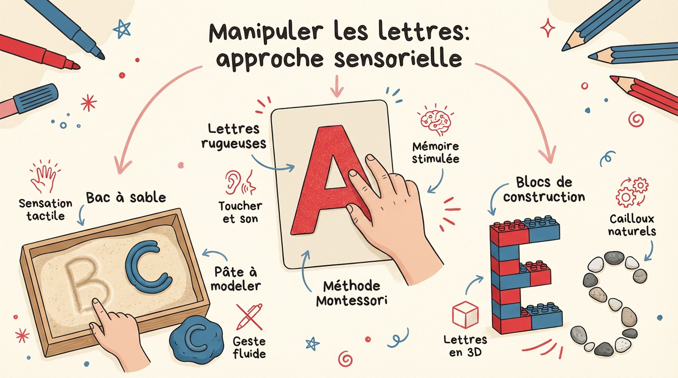 Enfant qui utilise ses doigts pour tracer des lettres dans du sable fin