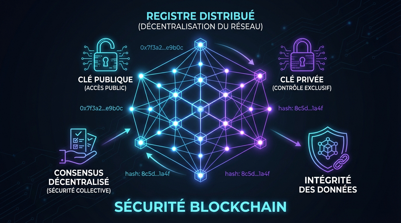 Schéma expliquant le registre distribué et la sécurisation des blocs par clés cryptographiques
