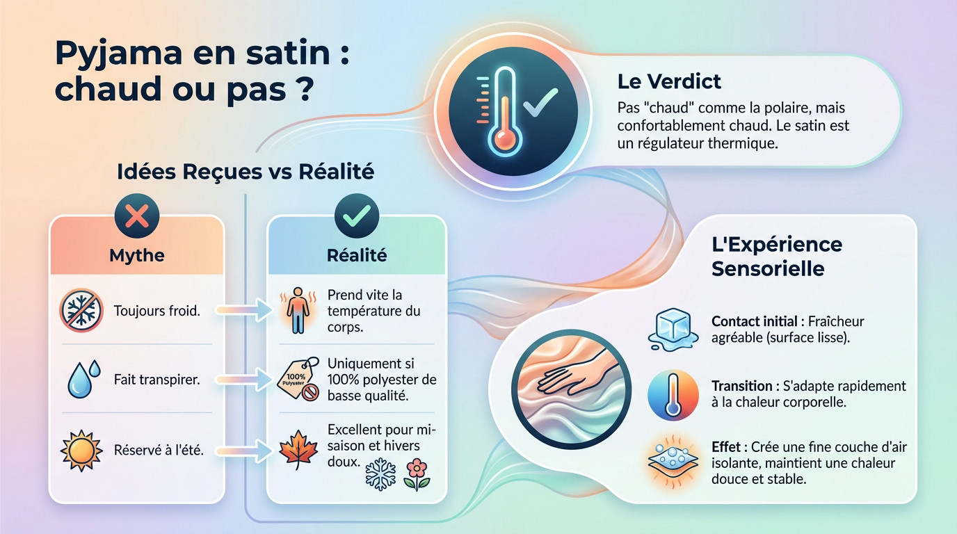 Femme portant un pyjama en satin confortable illustrant la régulation thermique du tissu