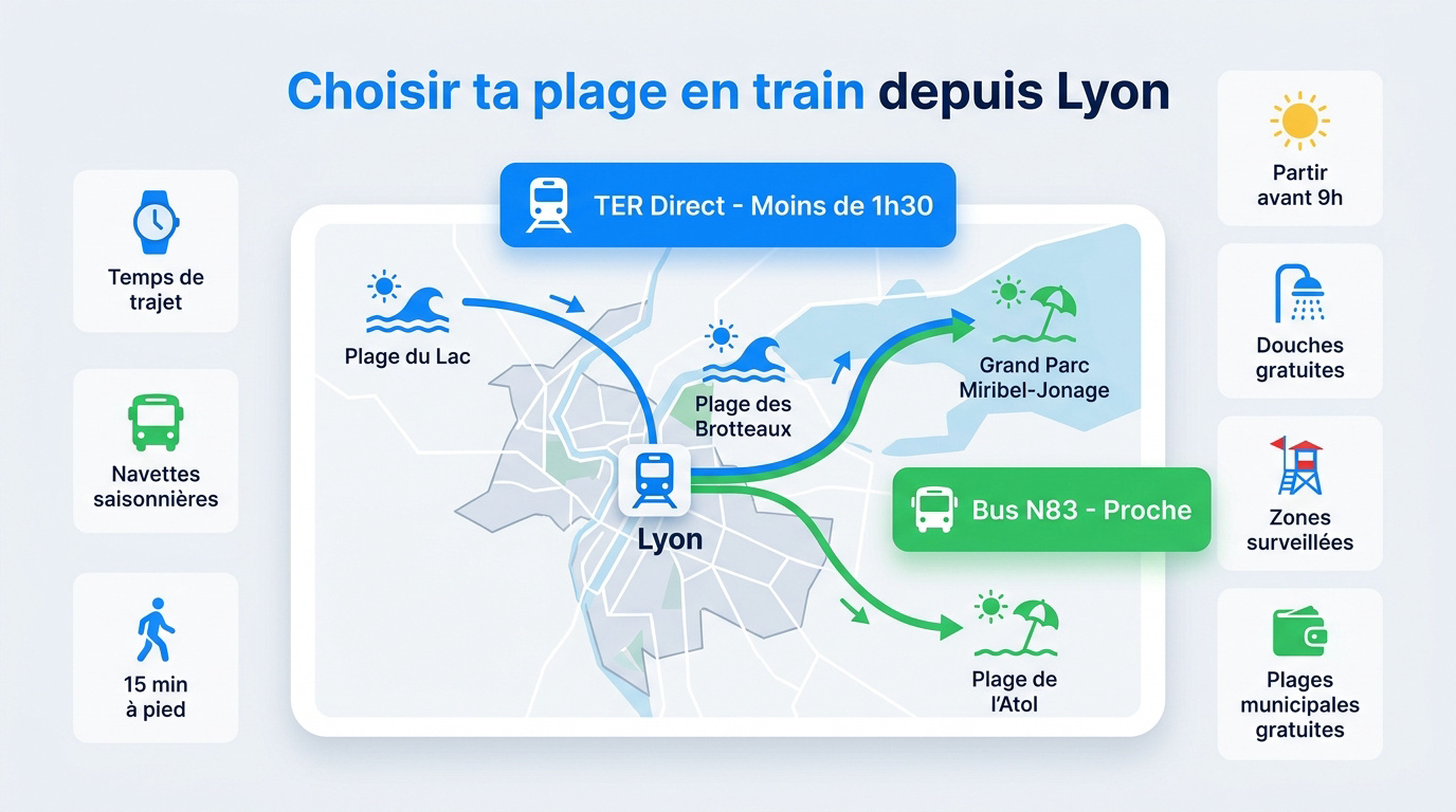 Itinéraire en train et bus depuis Lyon vers les plages et lacs de la région