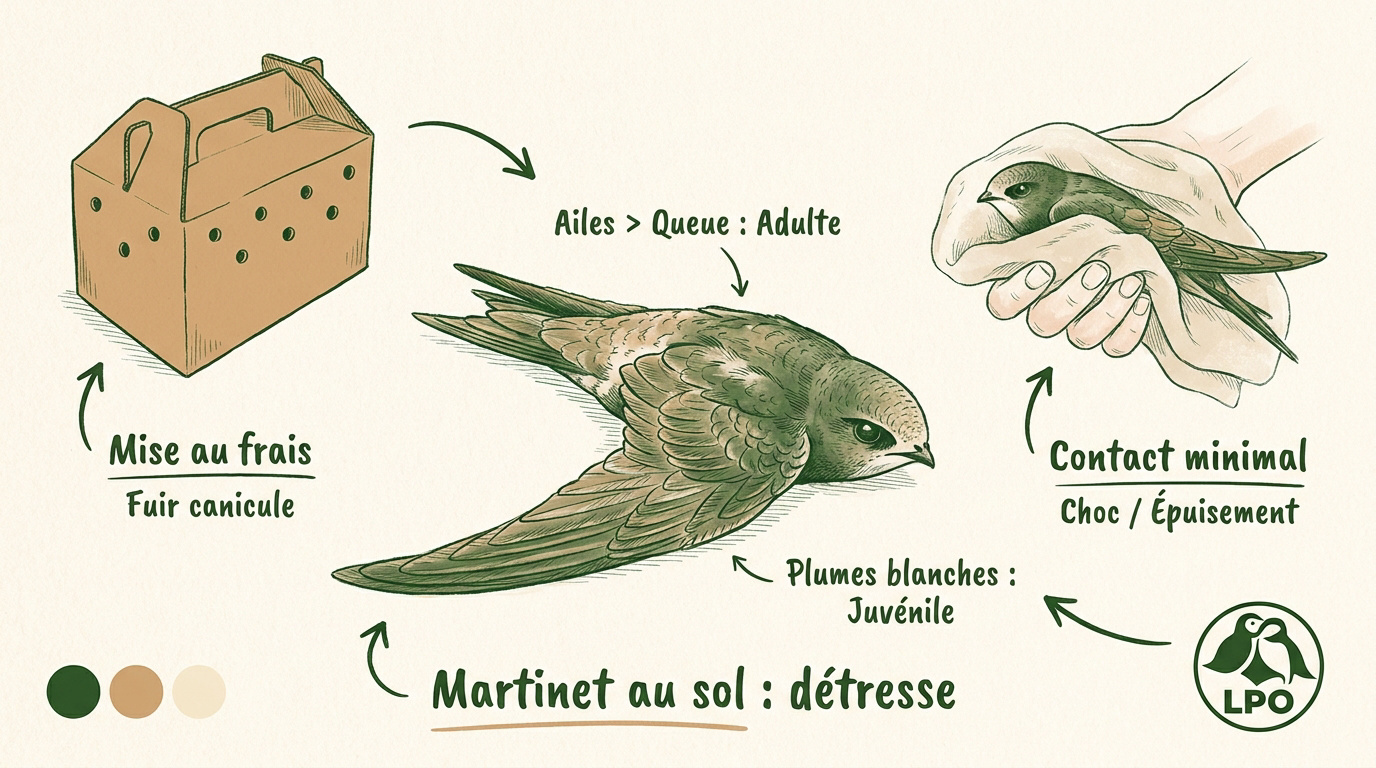 Jeune martinet noir en détresse recueilli dans les mains avant d'être placé en sécurité