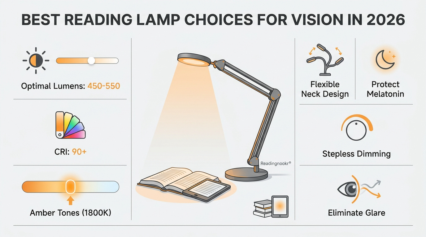 Modern adjustable reading lamp illuminating a book on a wooden desk