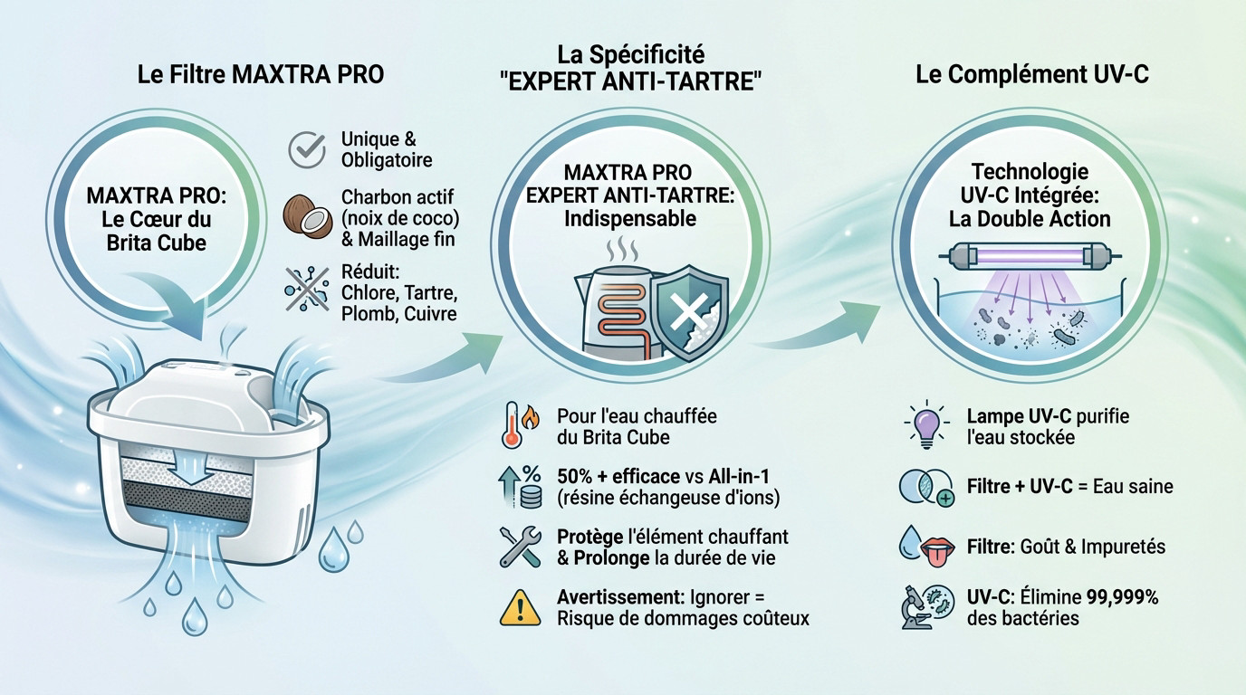 Schéma du système de filtration Brita Cube combinant filtre MAXTRA PRO et technologie UV-C