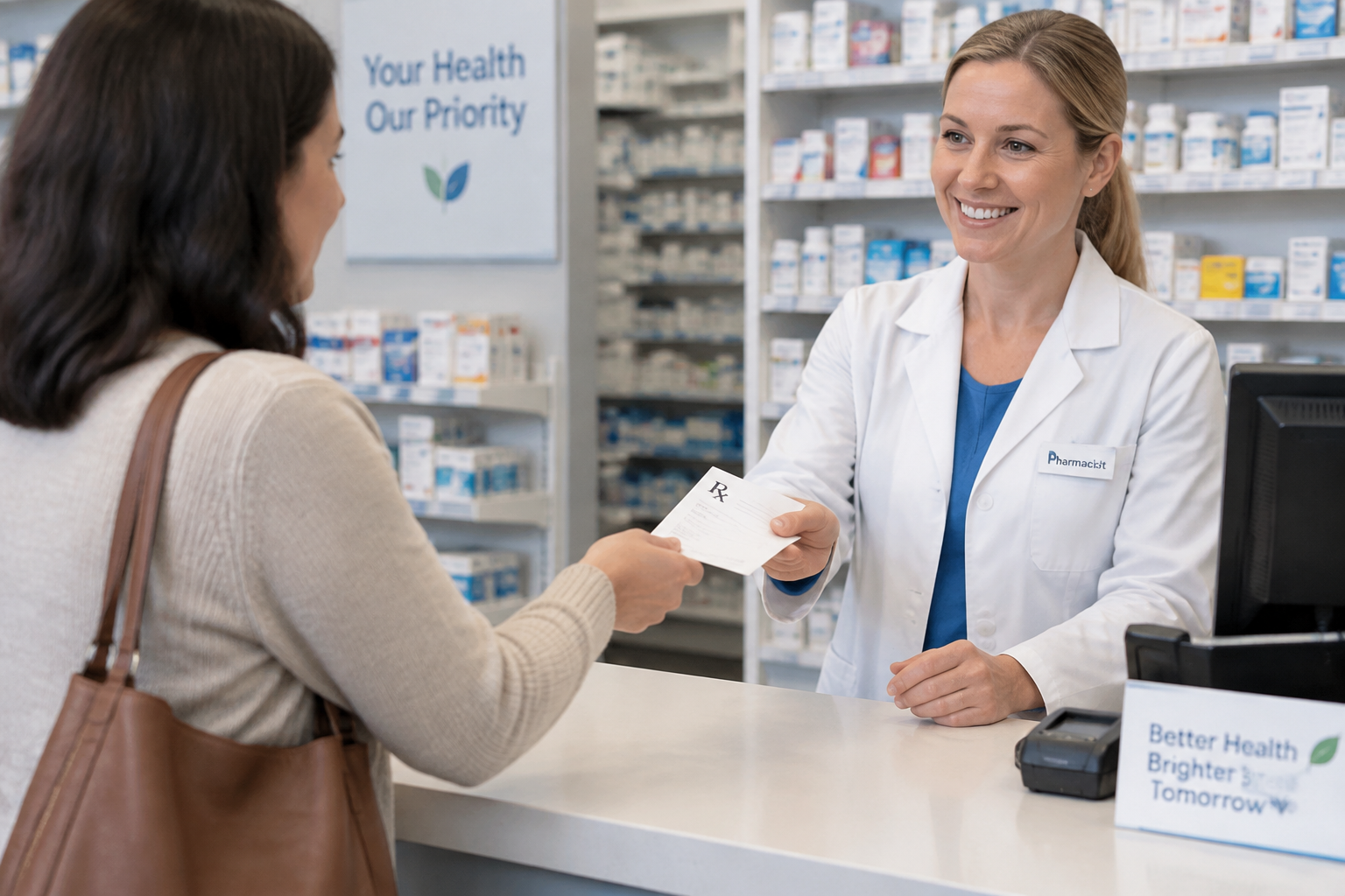 Patient remettant une ordonnance à un pharmacien au comptoir d'une pharmacie.