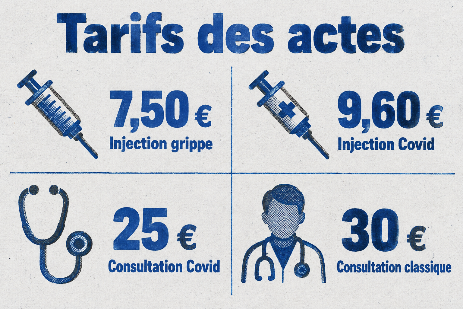 Les tarifs horaires des actes de vaccination en métropole : 7,50 € pour l'injection grippe, 9,60 € pour l'injection Covid, 25 € pour la consultation Covid, 30 € pour la consultation classique.
