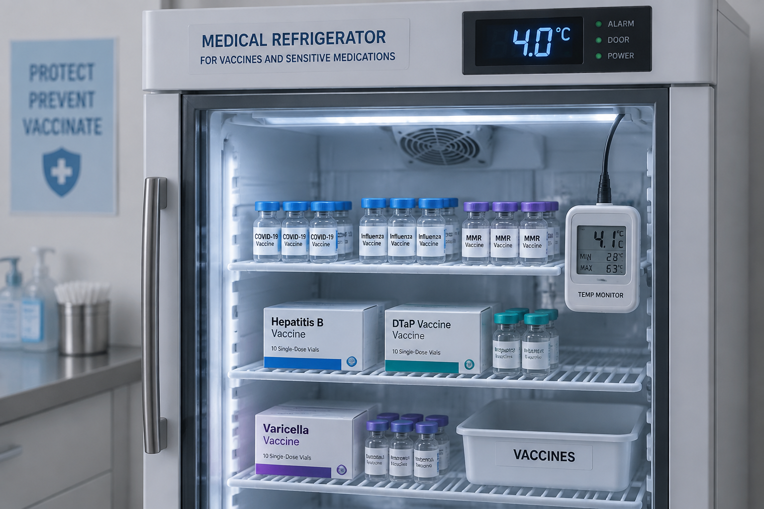 Un réfrigérateur médical avec monitoring de température et flacons de vaccins.