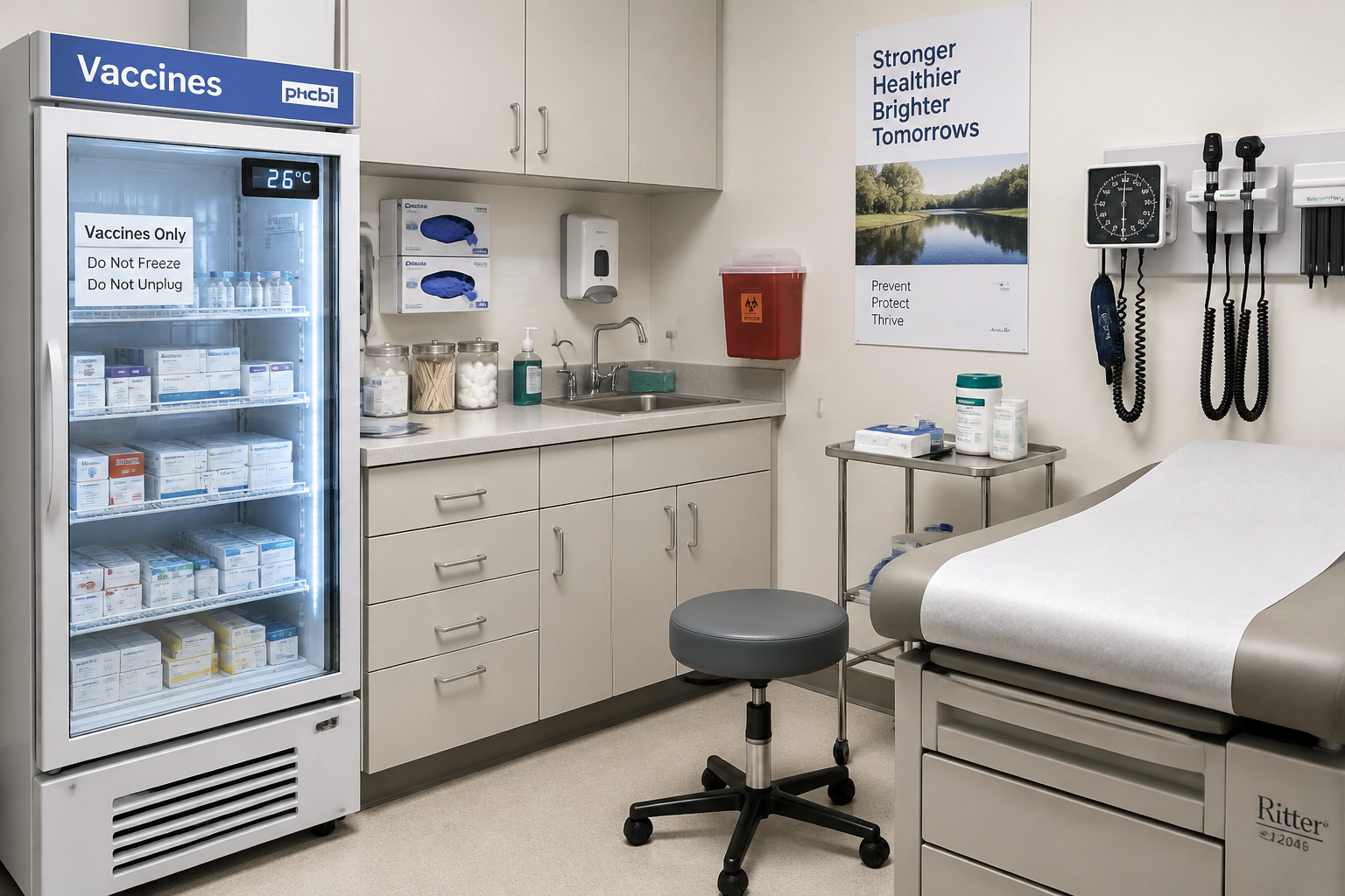 Un cabinet médical avec un réfrigérateur à vaccins et du matériel médical.