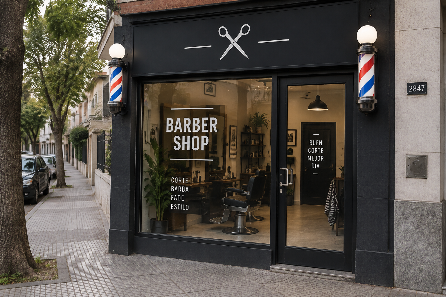 Fachada de una barbería en una calle residencial de Ituzaingó, sin identificar