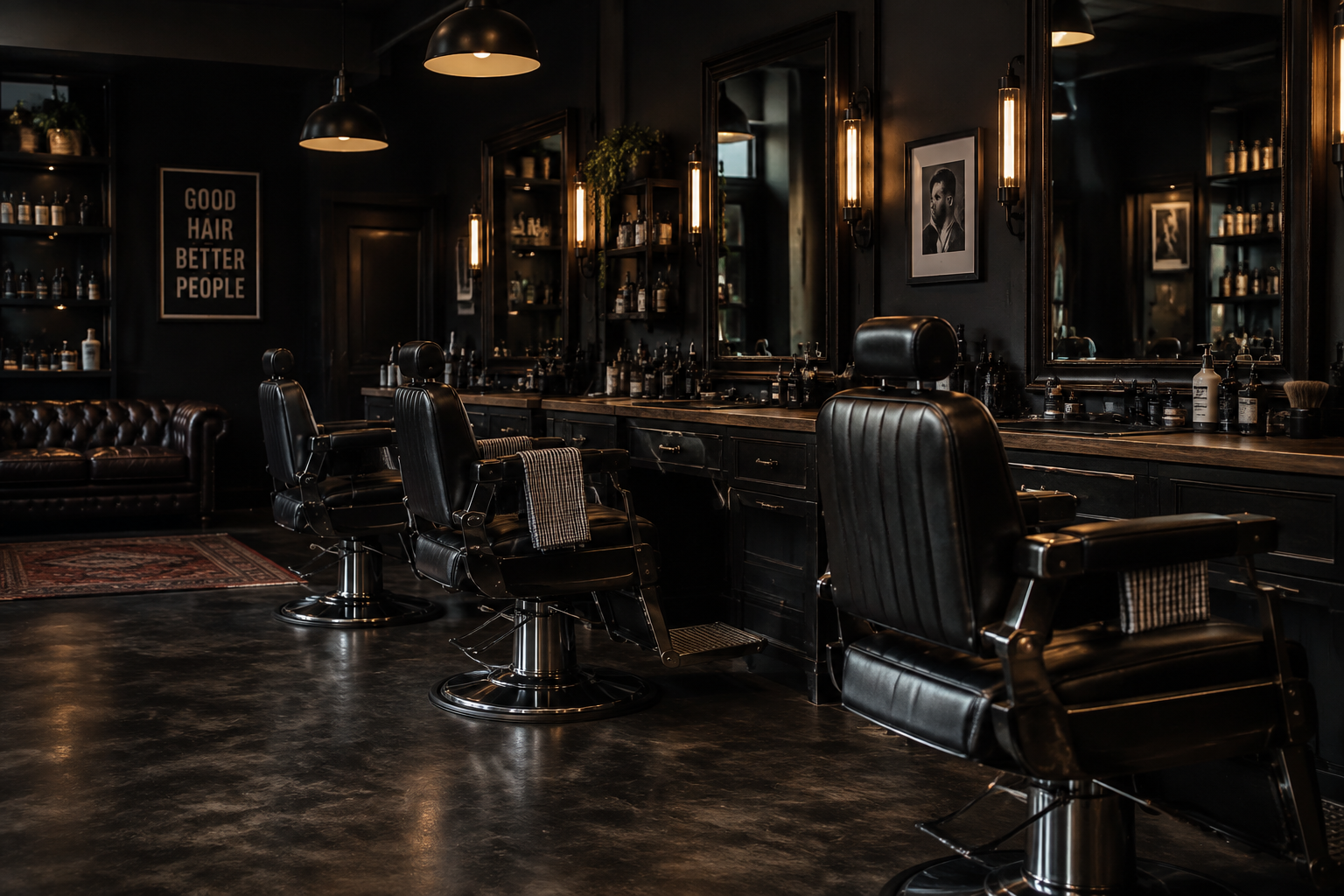 Interior de una barbería con sillas y espejos, ambiente oscuro