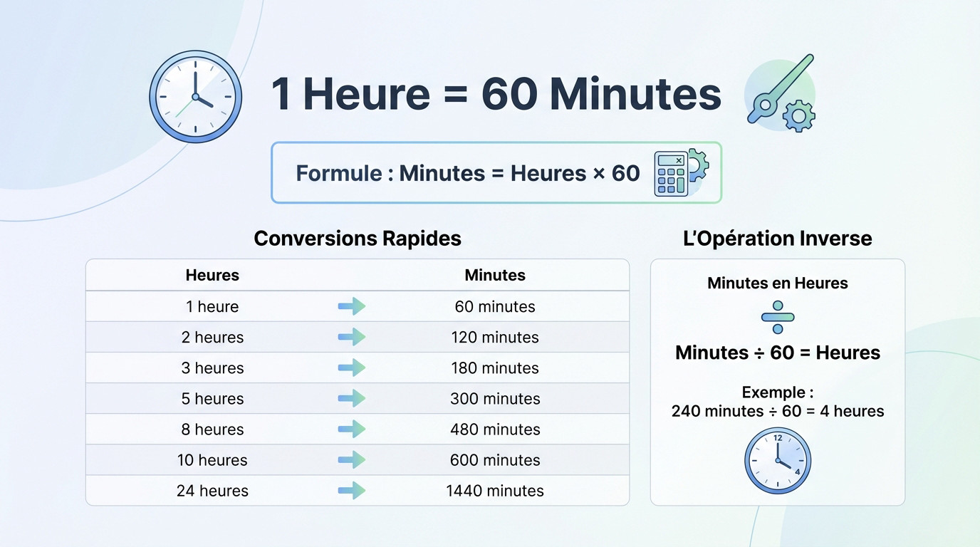 <strong>Infographie explicative montrant la formule de conversion des heures en minutes et inversement</strong>