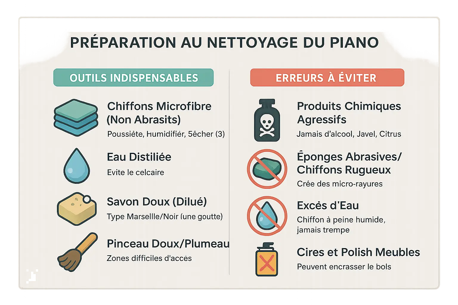 Préparation au nettoyage d'un piano avec des chiffons microfibre, de l'eau distillée et un pinceau doux.