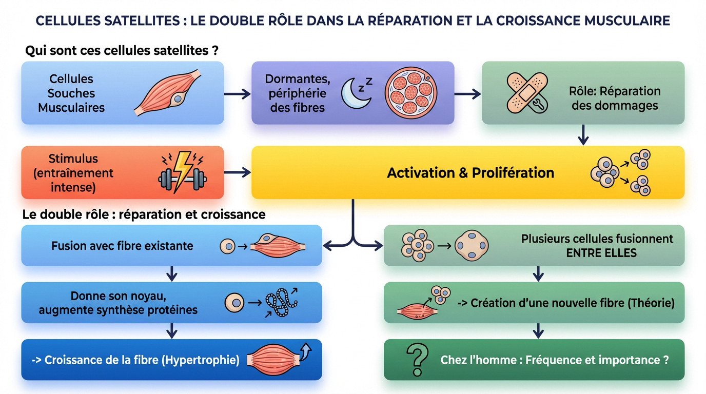 Schéma comparatif montrant la fusion des cellules satellites pour l'hypertrophie et la création de nouvelles fibres pour l'hyperplasie