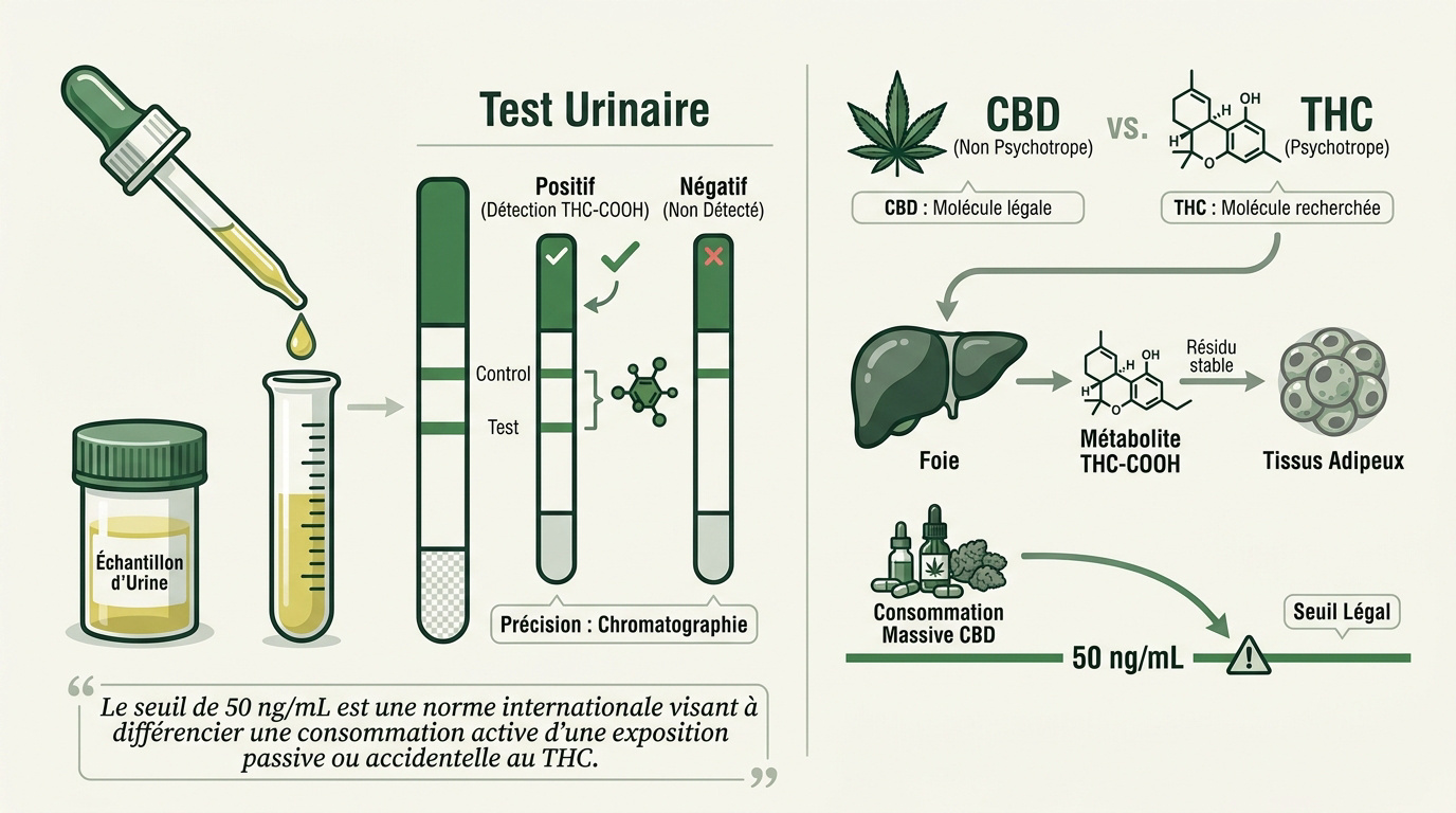 Schéma de distinction entre CBD et métabolites du THC lors d'un test urinaire