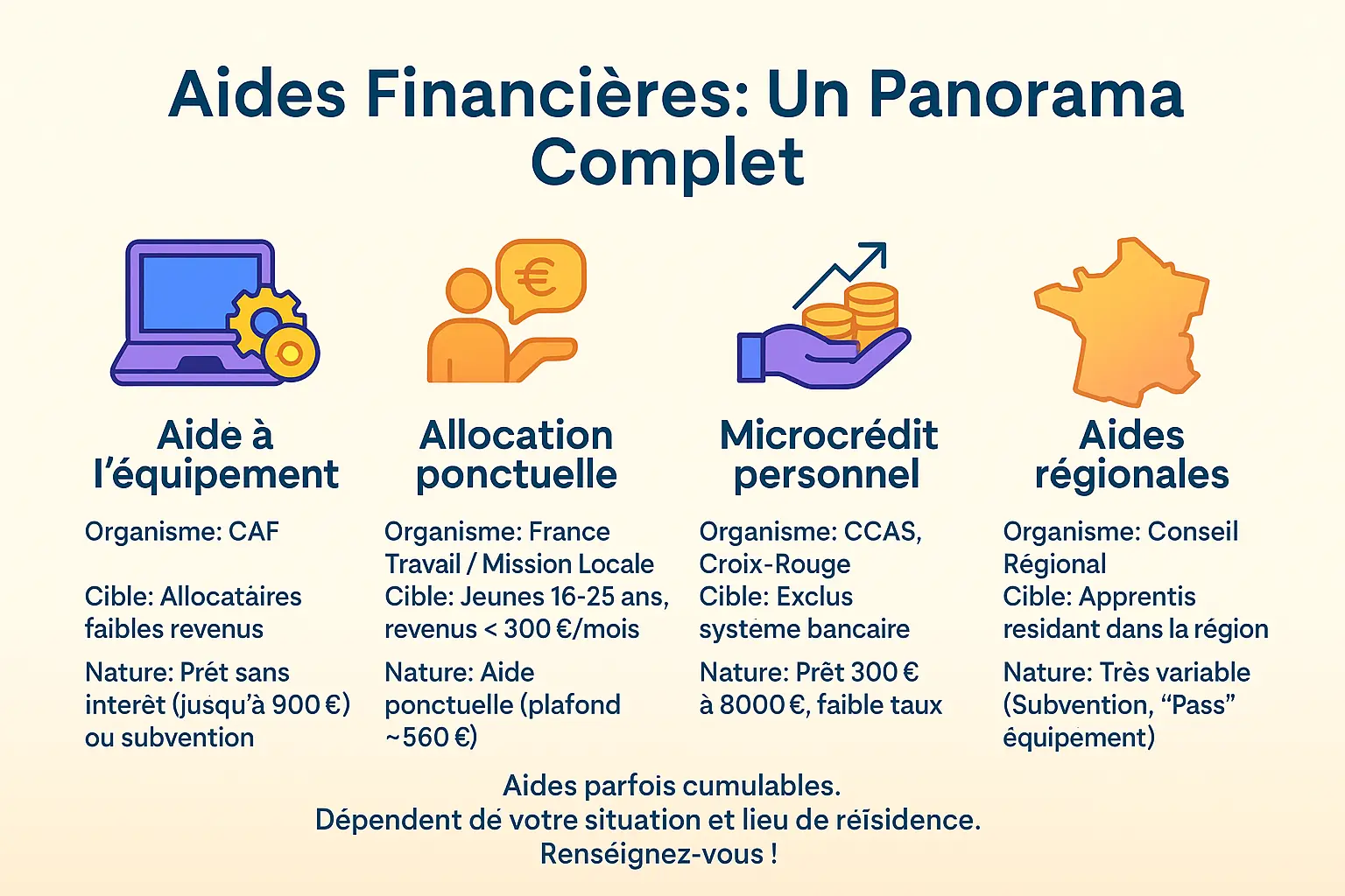 Illustration des aides financières pour les apprentis : aides régionales, CAF, microcrédit, et allocations ponctuelles