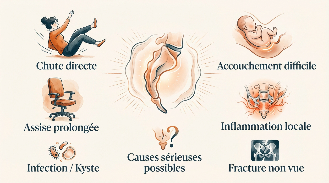 Schéma anatomique montrant les causes de l'inflammation du coccyx
