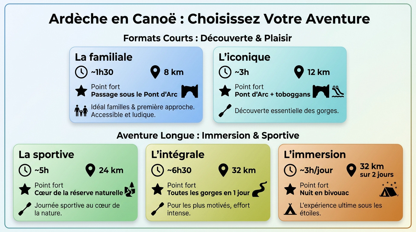 Canoës naviguant sur l'Ardèche avec le Pont d'Arc en arrière-plan