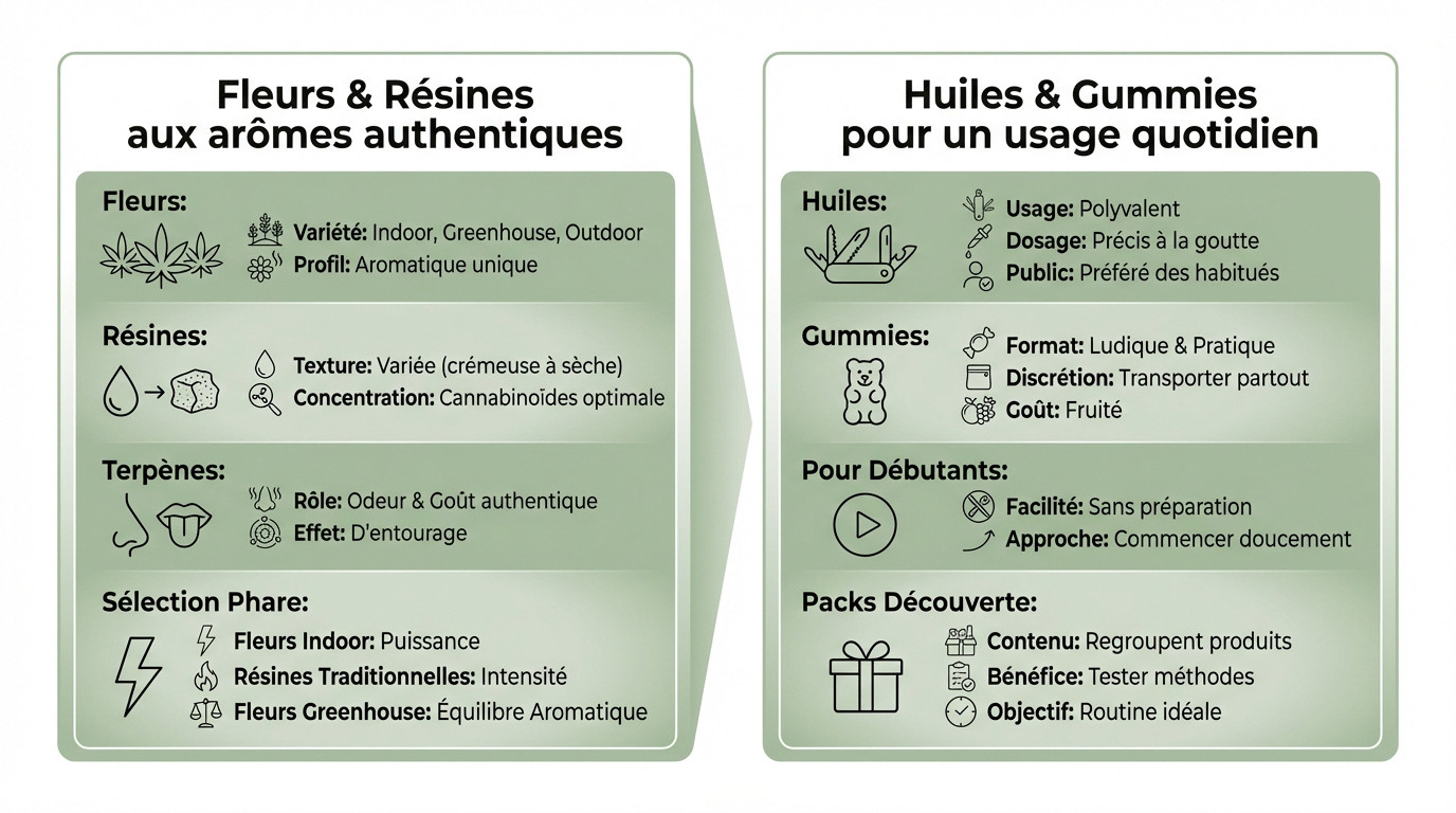 Sélection de fleurs, résines, huiles et gummies CBD de haute qualité chez Lola CBD