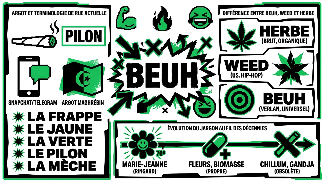 Infographie comparative des termes beuh, weed et herbe dans la culture urbaine