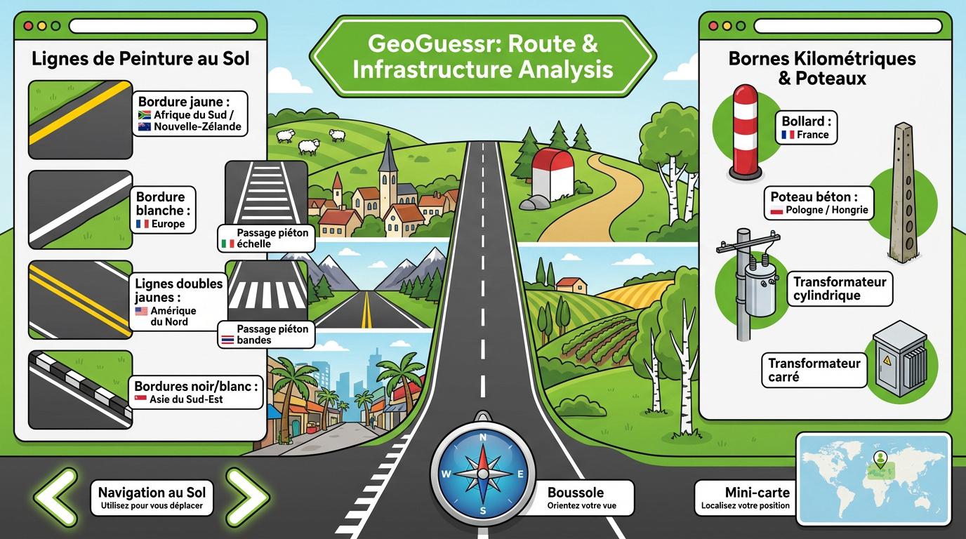 Analyse des marquages au sol et des bornes routières sur GeoGuessr