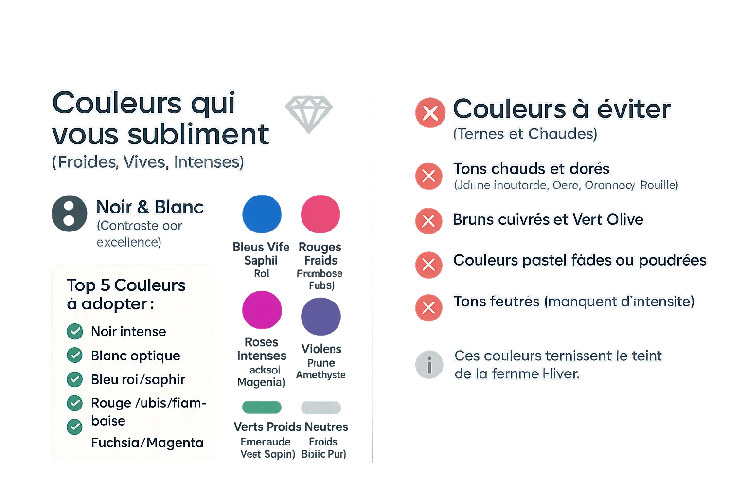 Palette de couleurs pour femme Hiver : couleurs à adopter et à bannir