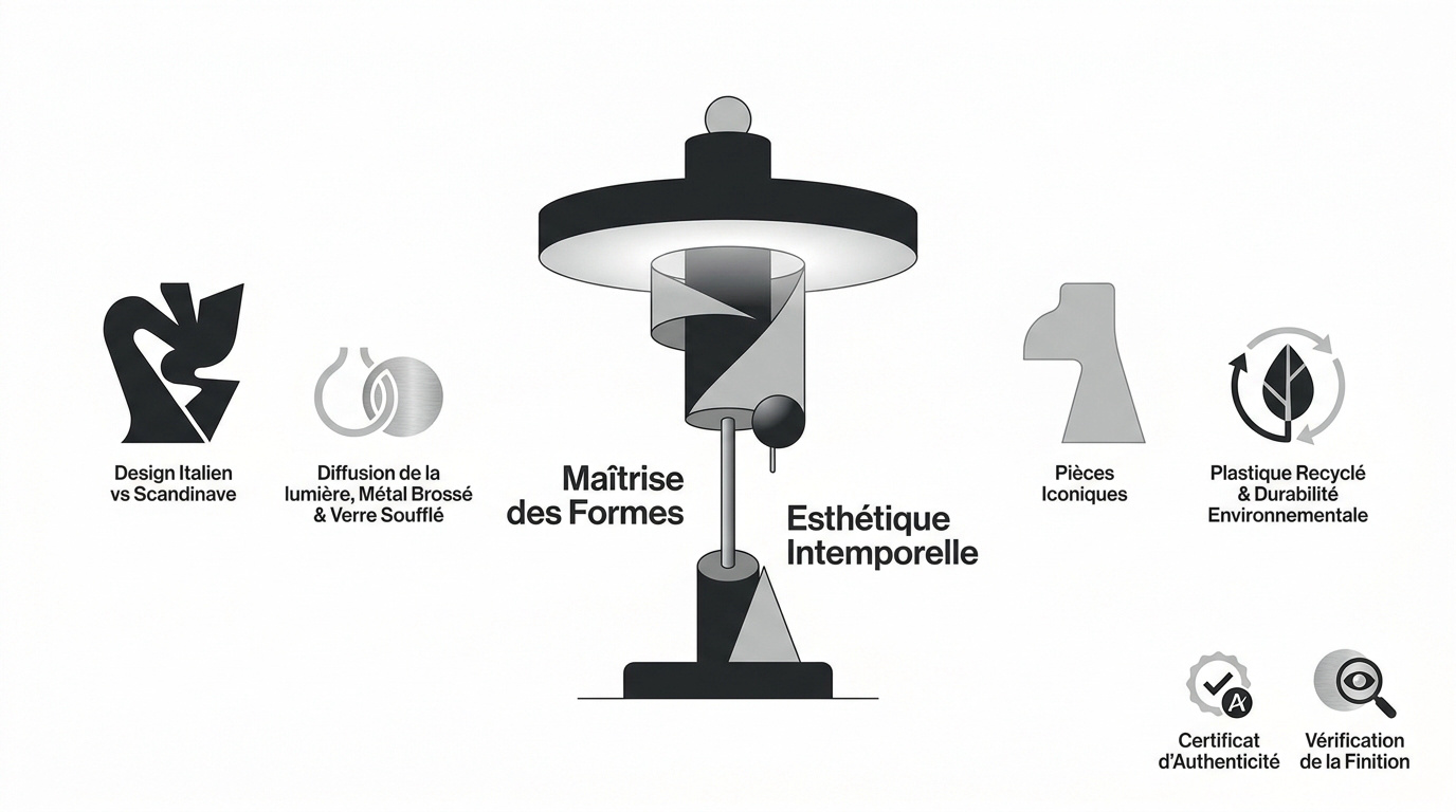 Infographie comparative entre le design de luminaire italien audacieux et le style scandinave minimaliste