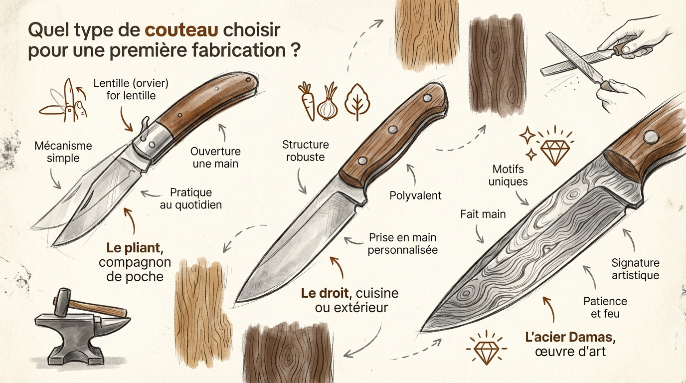 Comparaison entre un couteau pliant, un couteau droit et une lame en acier <strong>Damas</strong> artisanal »></p>
<h3><span class=