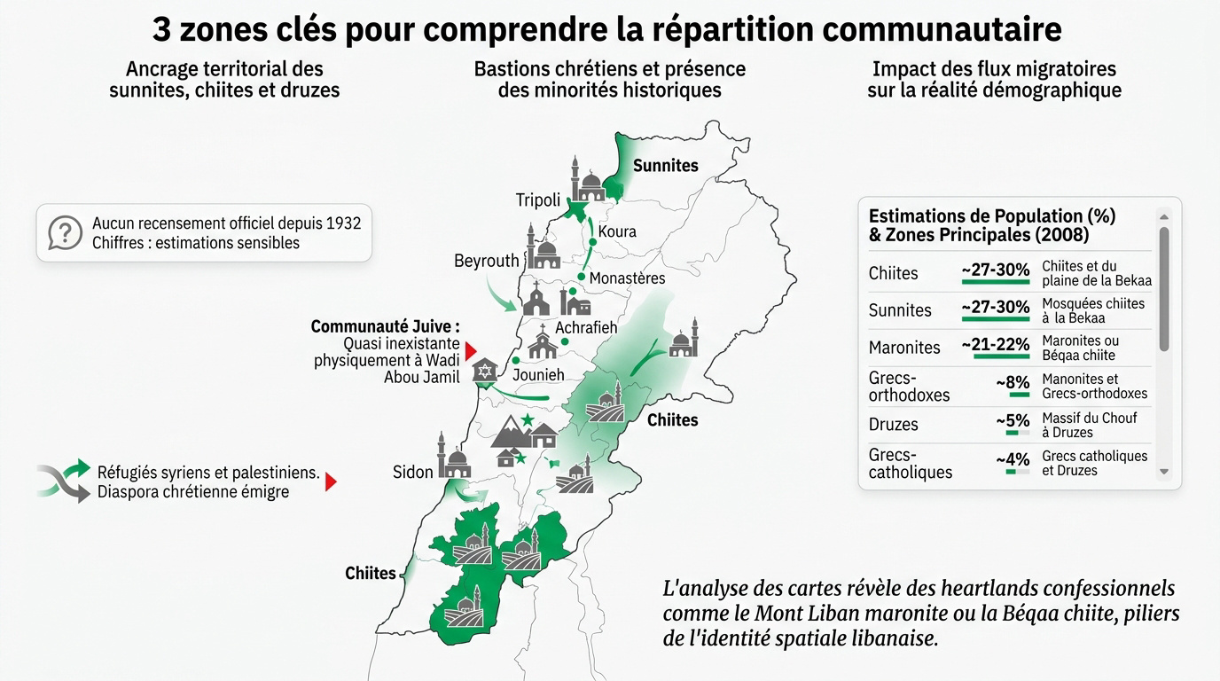 Carte de la répartition des communautés religieuses au Liban par zone géographique